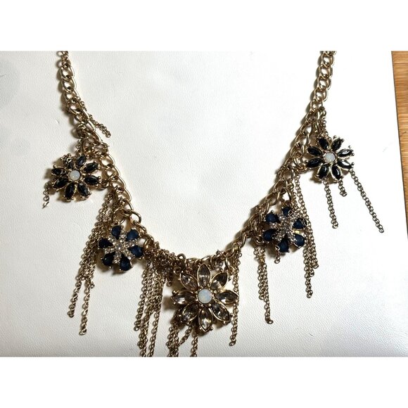 Gold Floral Statement fringe Necklace With Blue & Clear Gem Accents Dangle Chai - Picture 5 of 12